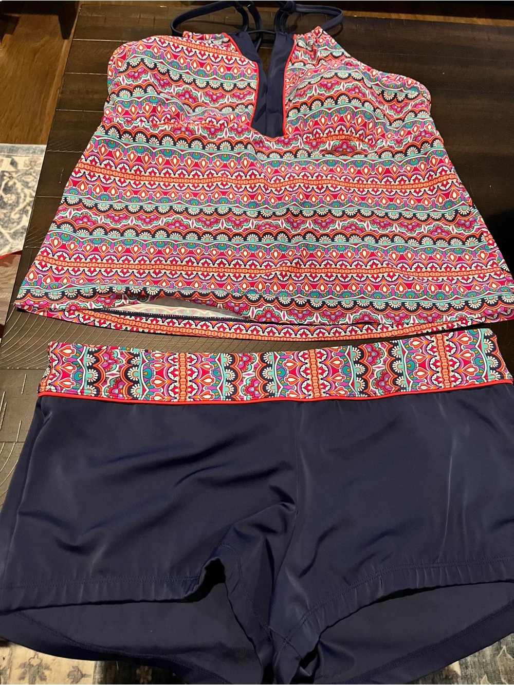 Navy Blue Swim Tankini with Colorful Aztec Print size 14 Women’s 2 pc swim suit